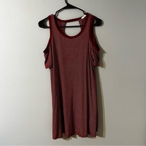 Dark Red and White Striped Cold Shoulder Oversized T-Shirt Dress